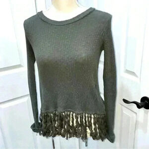 Anthropologie Eri + Ali Scoop neck, tassel hem cut out back, cuffed sleeve shirt